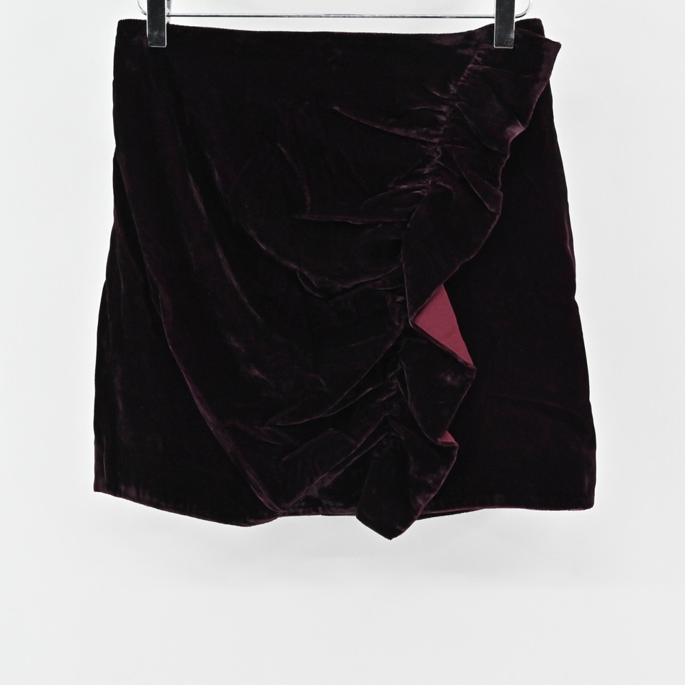 LOVERS FRIENDS Womens Lisa Velvet Skirt Size M Maroon Ruffle Holiday Party NEW